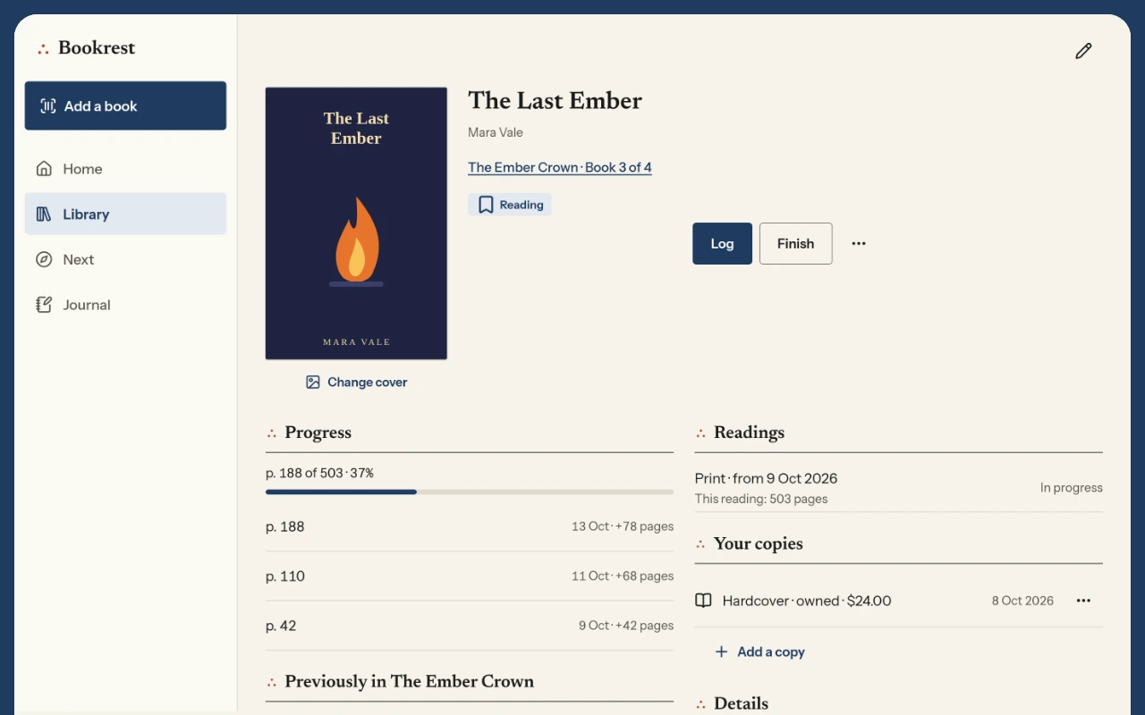 A book's page in Bookrest: its cover, progress, rating and review, quotes and every reading
