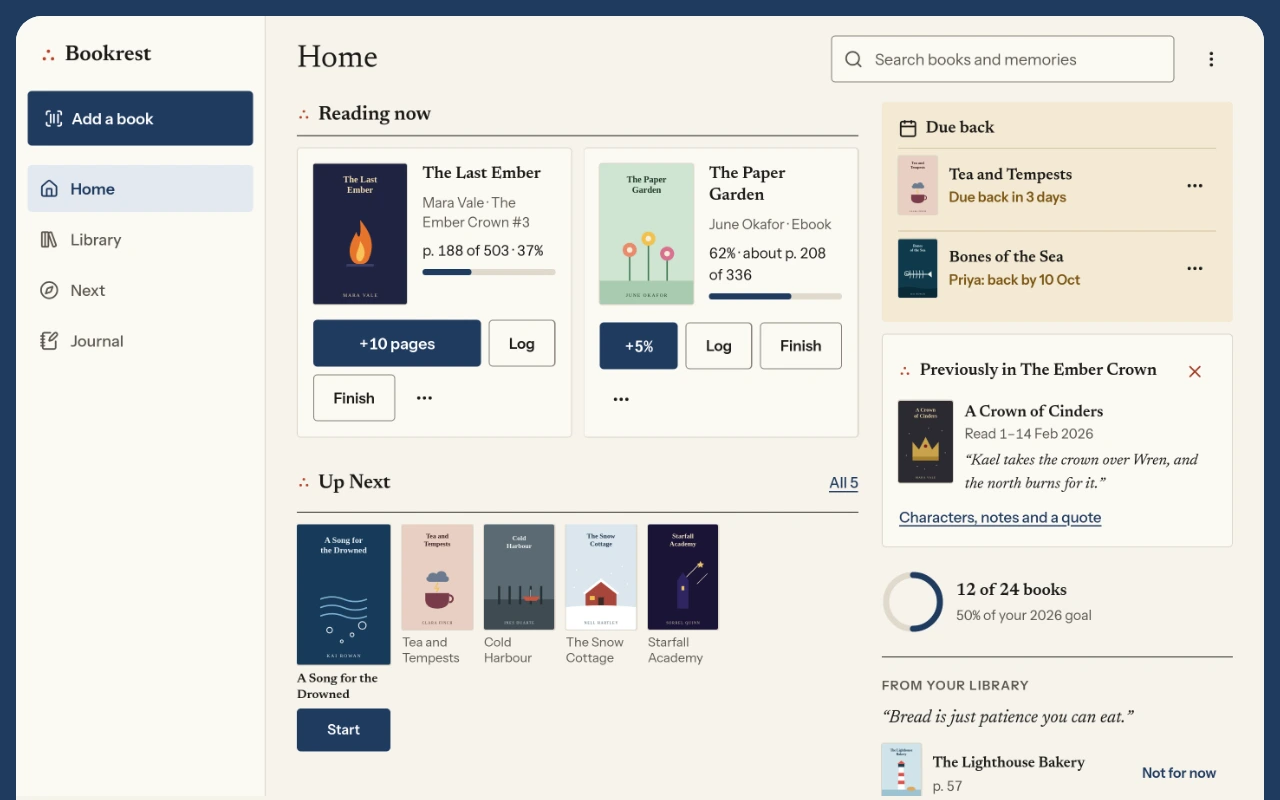 Bookrest Home: the book you are reading, the Up Next list and the books due back