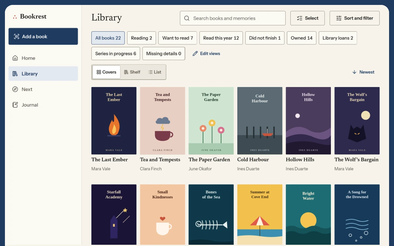 The Library in Bookrest: the sample books as covers, with saved views above them